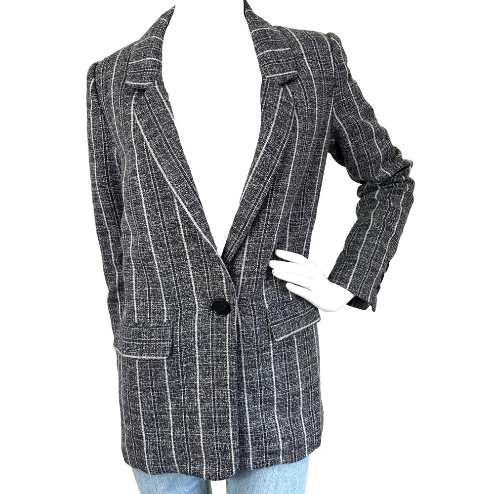 FRNCH Paris Black Textured Pinstripe Blazer S Lined Relaxed Fit Office Siren EUC
